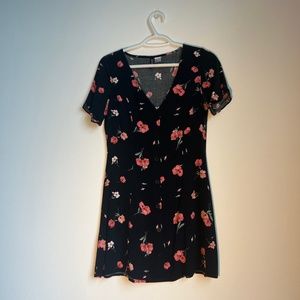 Button Front V-Neck Short Sleeve Floral Dress
